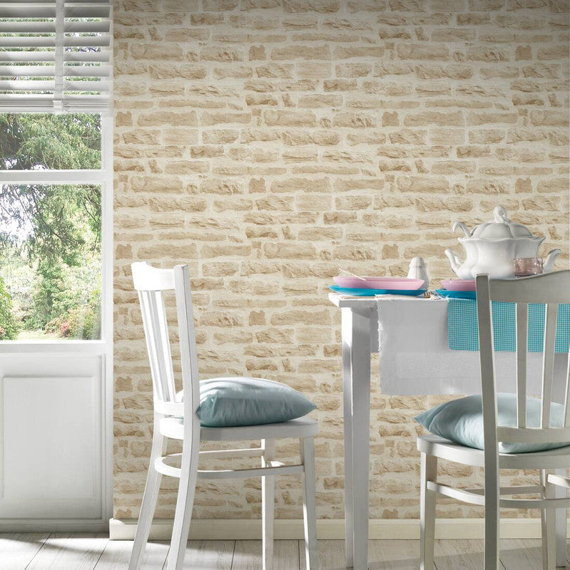 Brick Stone Wallpaper in Beige/Cream
