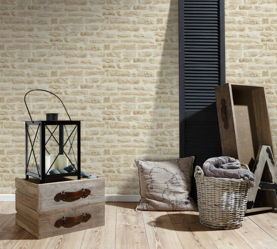 Brick Stone Wallpaper in Beige/Cream
