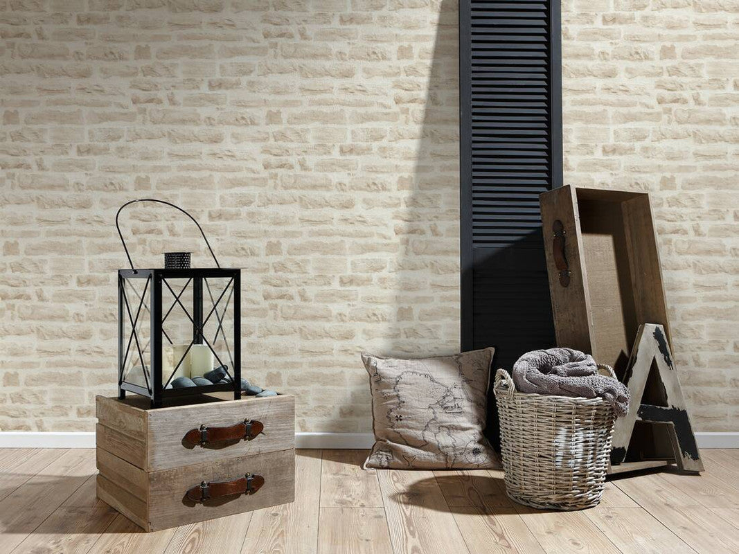 Brick Stone Wallpaper in Soft Beige/Cream