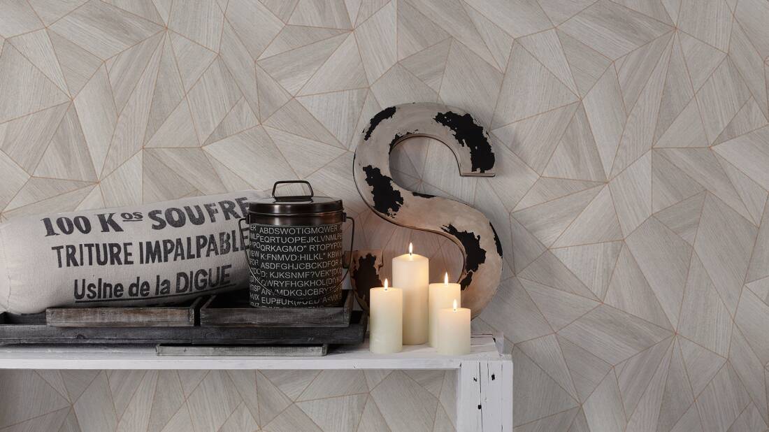 Wood Modern Geo Wallpaper in Grey/Copper