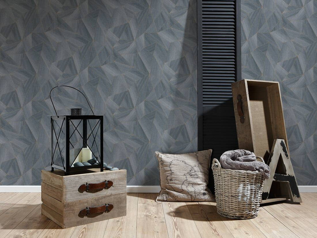 Wood Modern Geo Wallpaper in Dark Grey/Gold