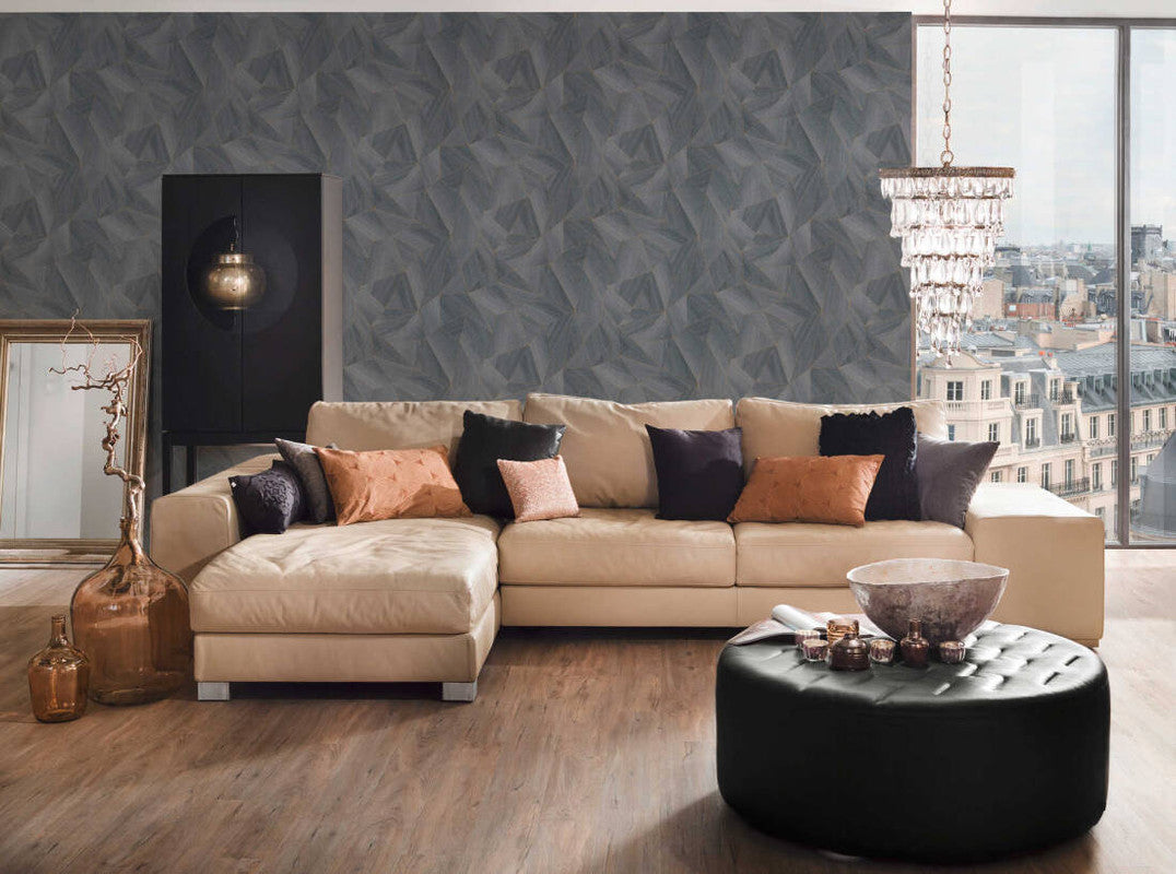 Wood Modern Geo Wallpaper in Dark Grey/Gold