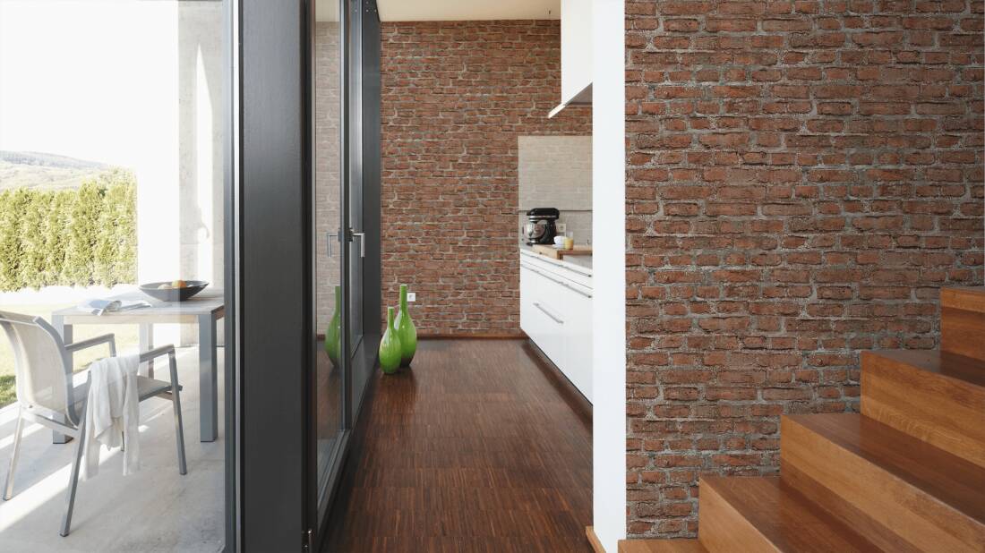 Brick Cottage Deco Wallpaper in Red/Grey