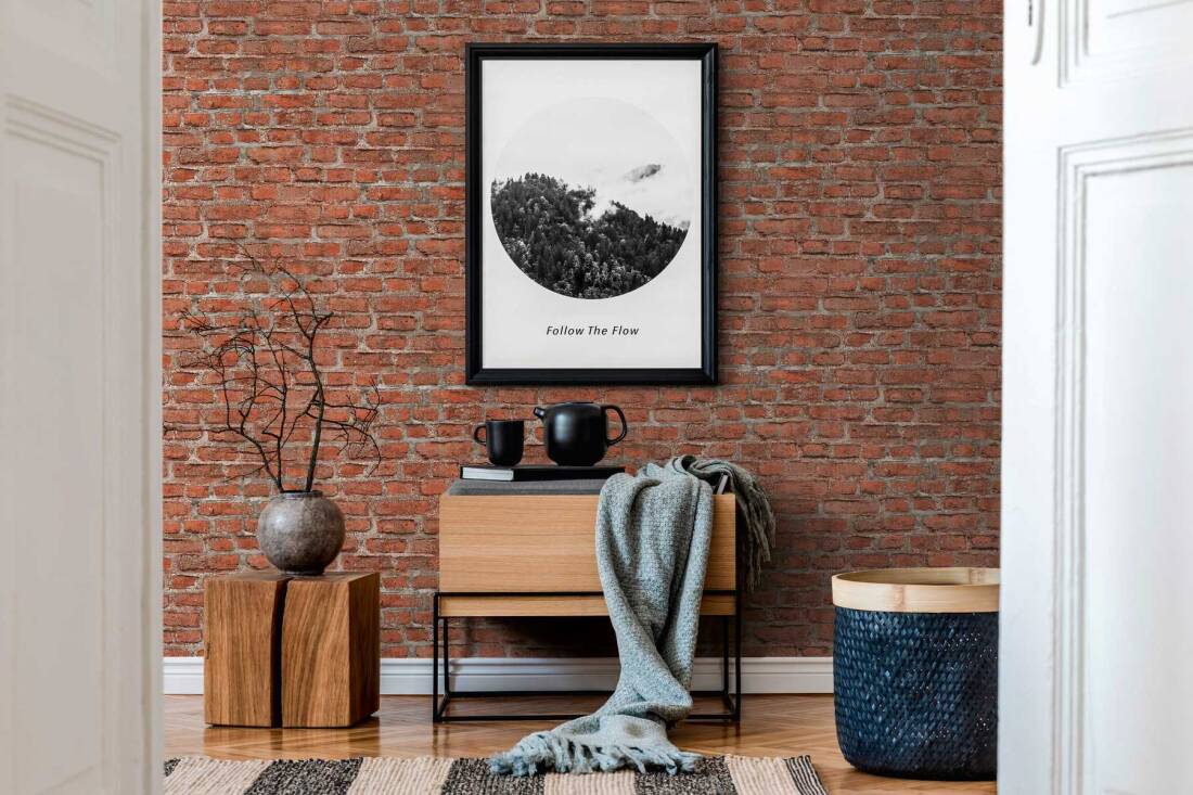 Brick Cottage Deco Wallpaper in Red/Grey