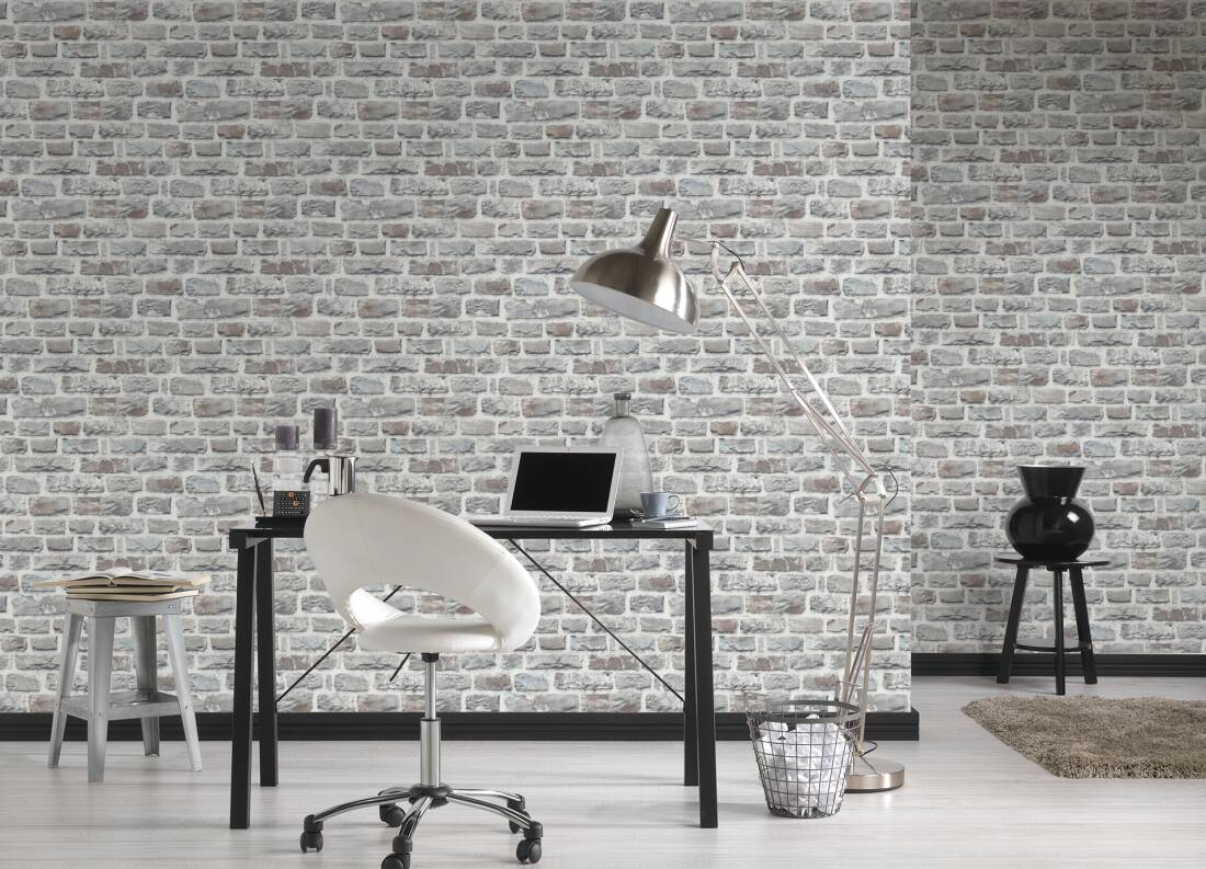 Brick Cottage Deco Wallpaper in Grey/Ivory