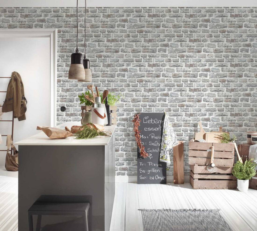 Brick Cottage Deco Wallpaper in Grey/Ivory