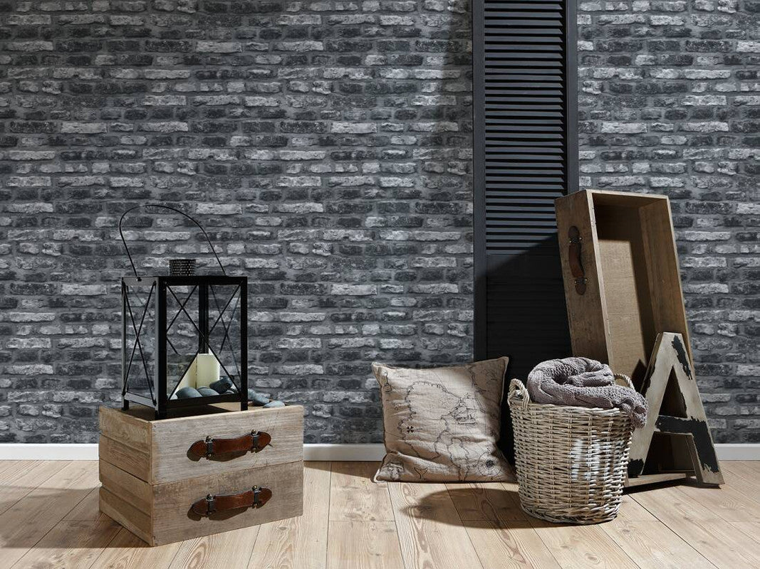 Brick Cottage Wallpaper in Grey/Black
