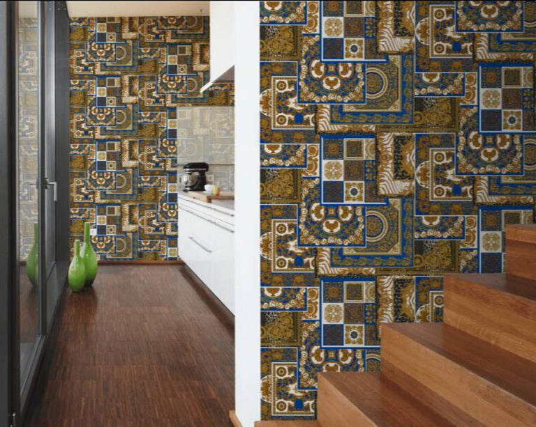 Classical Deco Textured Damask Wallpaper in Blue/Gold from the Versace IV Collection