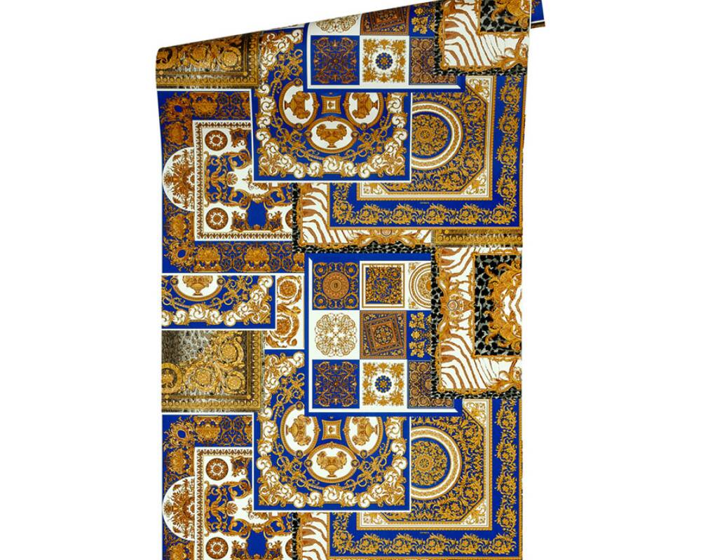 Classical Deco Textured Damask Wallpaper in Blue/Gold from the Versace IV Collection