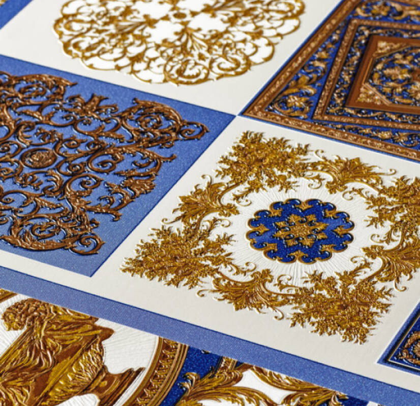 Classical Deco Textured Damask Wallpaper in Blue/Gold from the Versace IV Collection