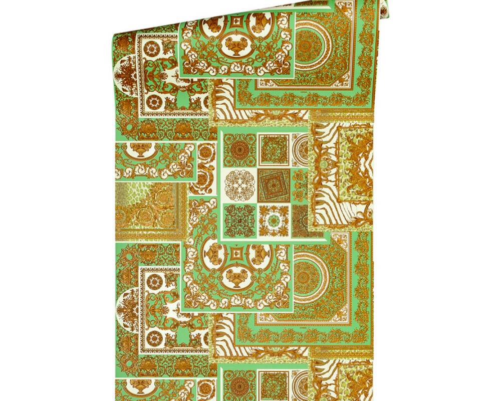 Classical Deco Textured Damask Wallpaper in Green/Gold from the Versace IV Collection