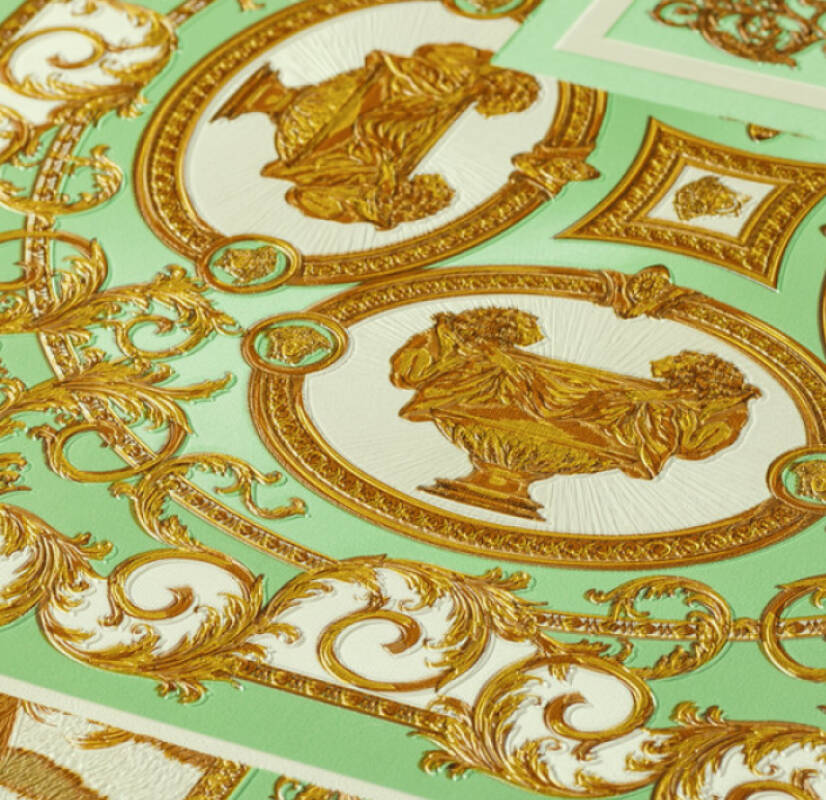 Classical Deco Textured Damask Wallpaper in Green/Gold from the Versace IV Collection