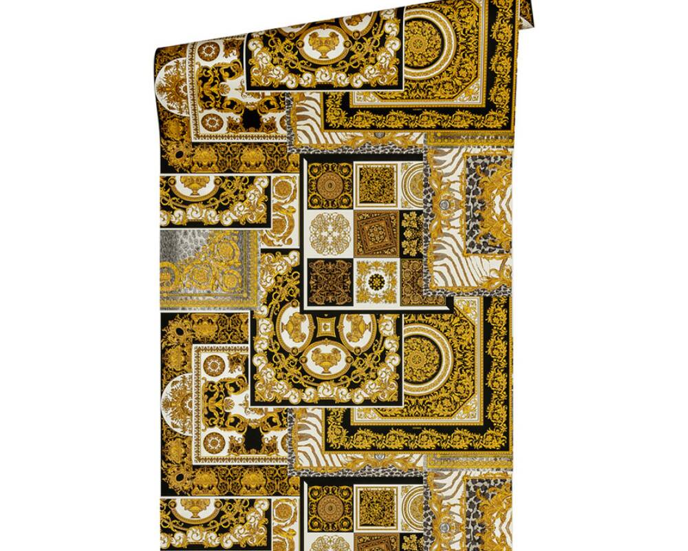 Classical Deco Textured Damask Wallpaper in Black/Gold from the Versace IV Collection