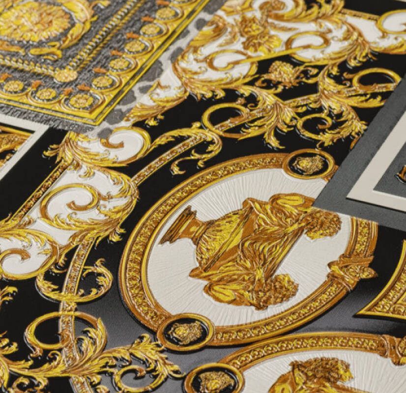 Classical Deco Textured Damask Wallpaper in Black/Gold from the Versace IV Collection