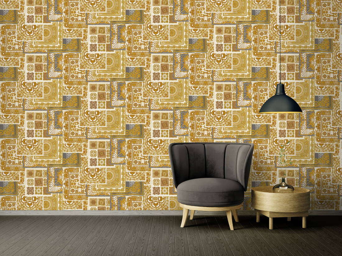 Classical Deco Textured Damask Wallpaper in Cream/Gold from the Versace IV Collection