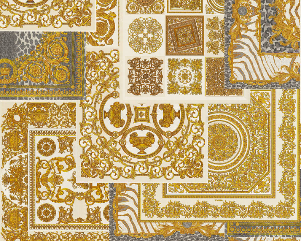 Classical Deco Textured Damask Wallpaper in Cream/Gold from the Versace IV Collection