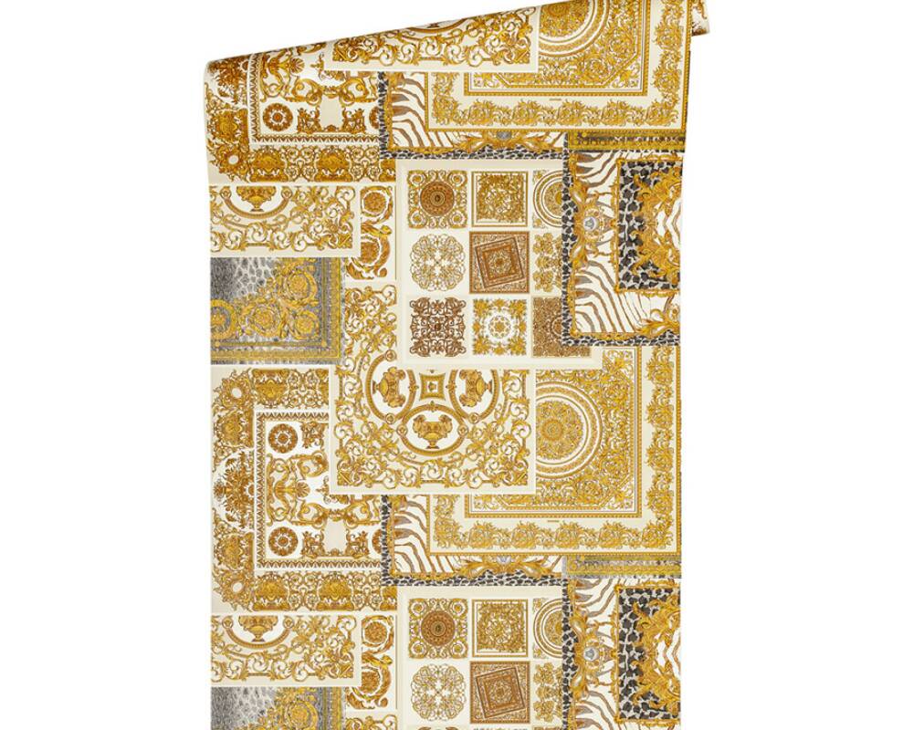 Classical Deco Textured Damask Wallpaper in Cream/Gold from the Versace IV Collection