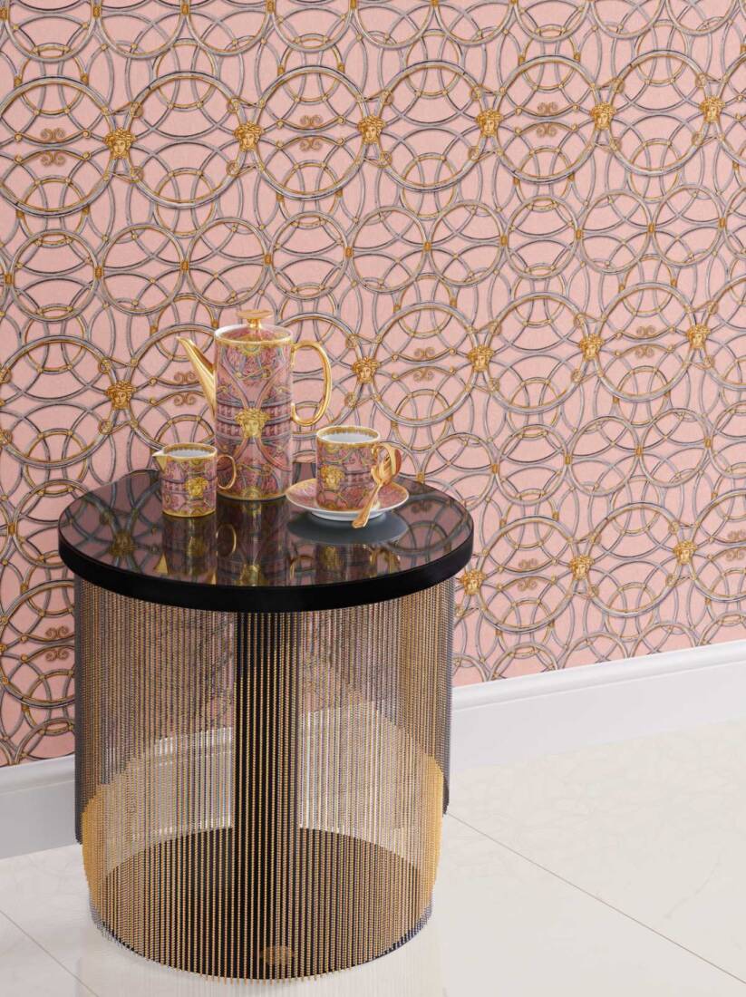 Modern Geometric Textured Wallpaper in Pink/Metallics from the Versace IV Collection