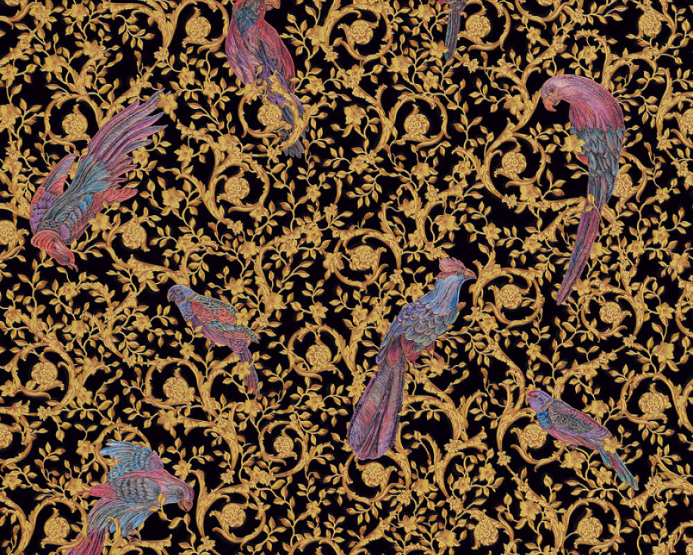 Floral Bird Scrollwork Textured Wallpaper in Black/Gold from the Versace IV Collection