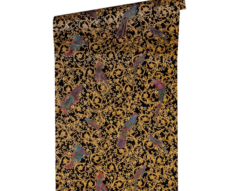 Floral Bird Scrollwork Textured Wallpaper in Black/Gold from the Versace IV Collection