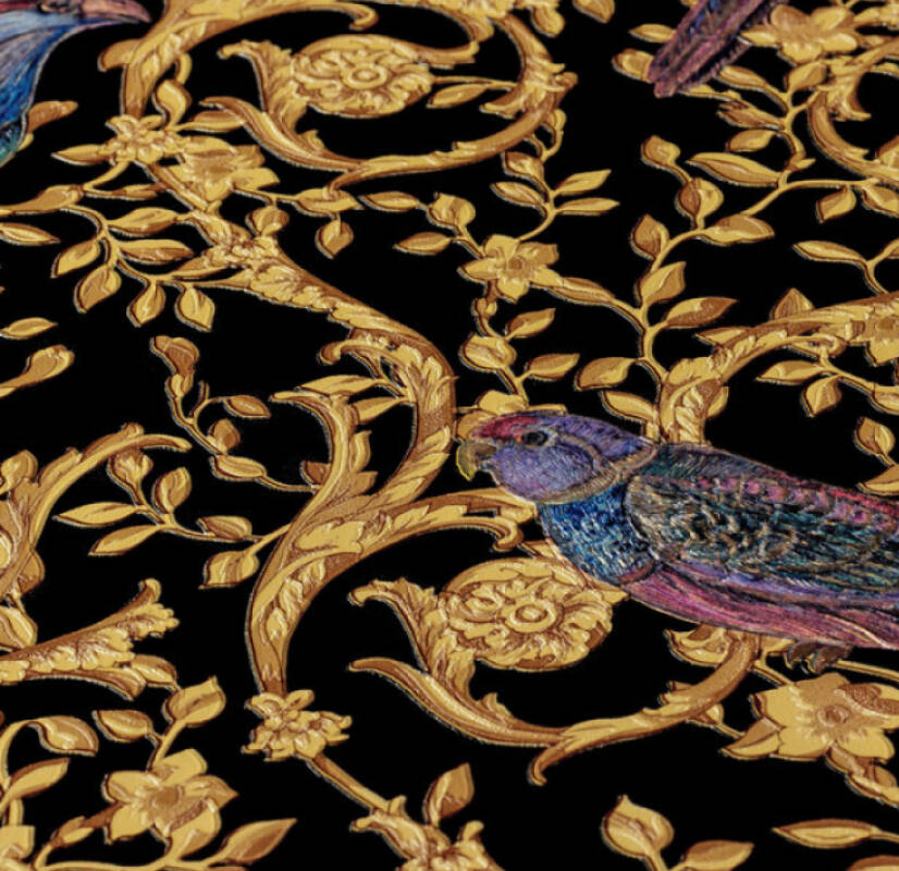 Floral Bird Scrollwork Textured Wallpaper in Black/Gold from the Versace IV Collection