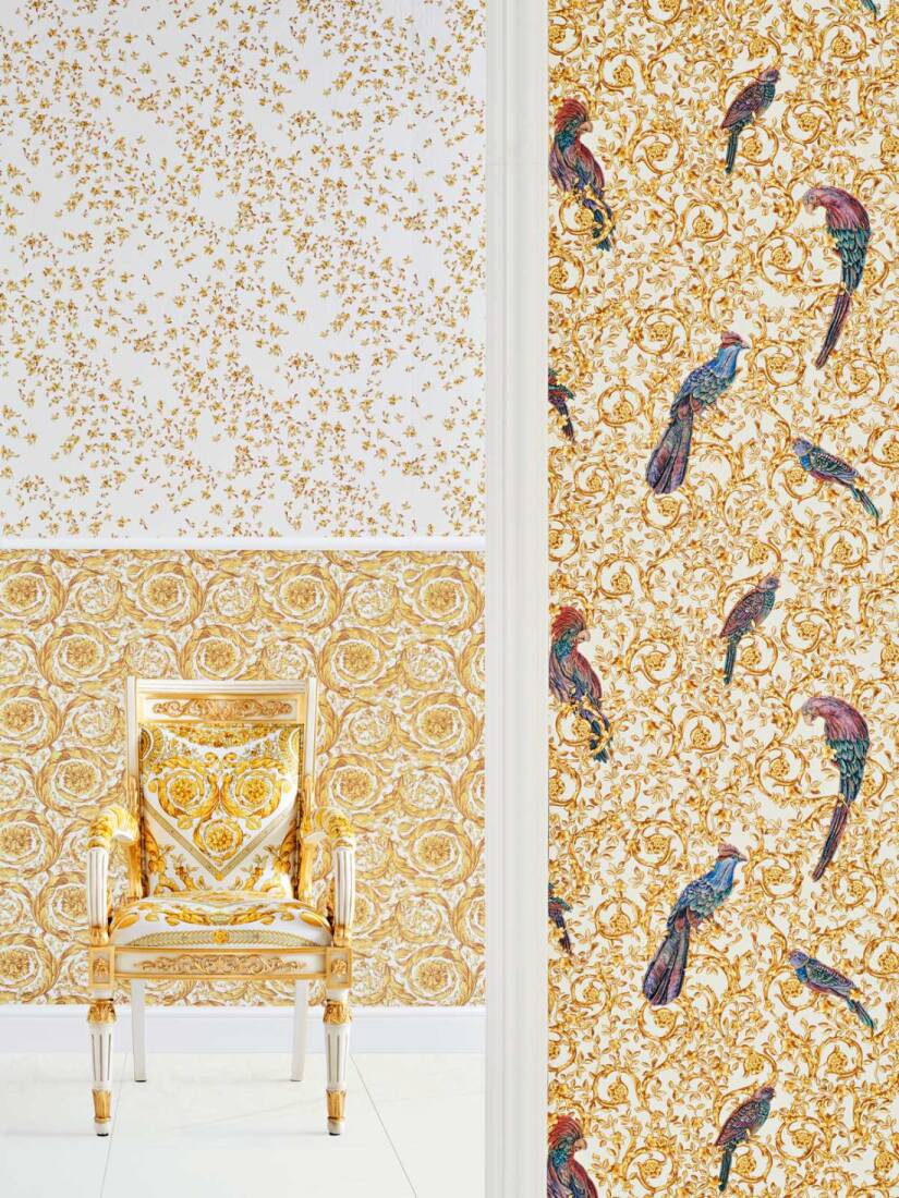 Floral Bird Scrollwork Textured Wallpaper in Gold/Cream from the Versace IV Collection