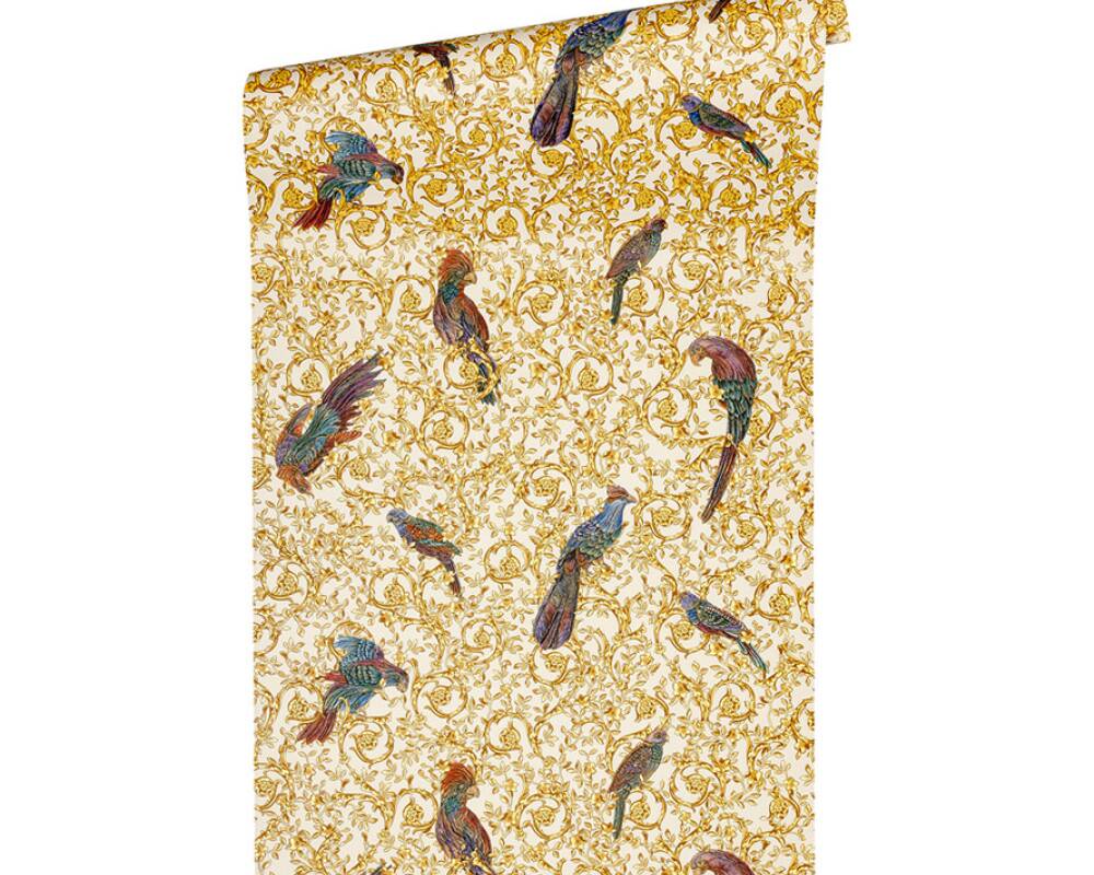Floral Bird Scrollwork Textured Wallpaper in Gold/Cream from the Versace IV Collection