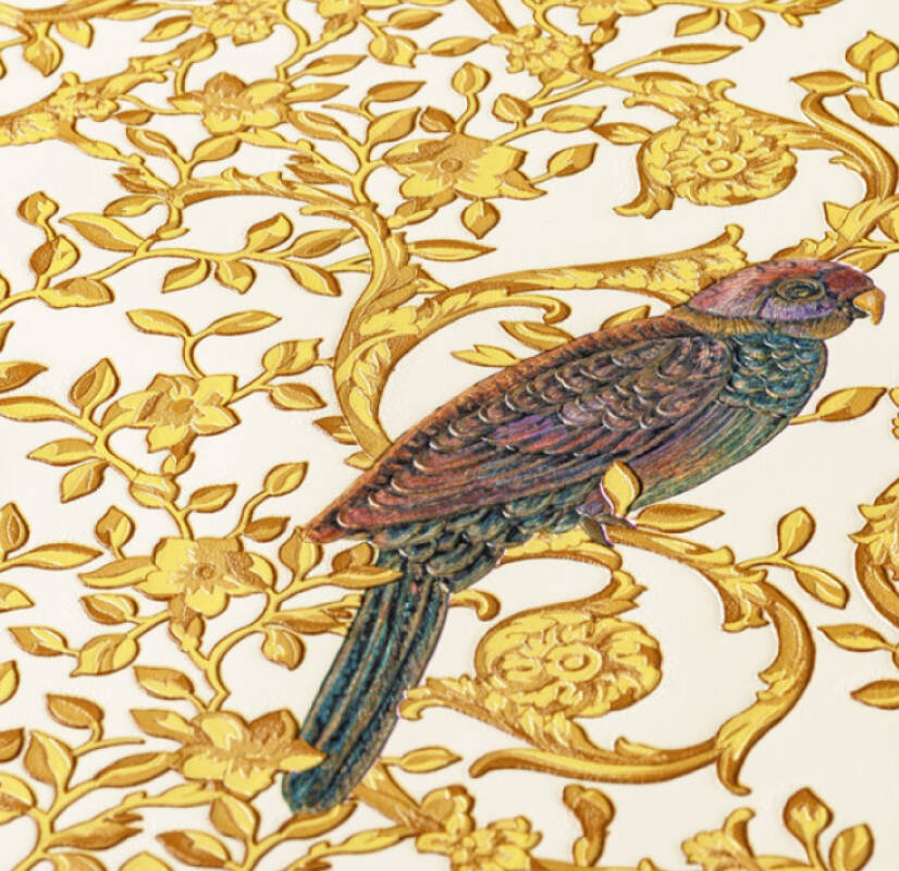 Floral Bird Scrollwork Textured Wallpaper in Gold/Cream from the Versace IV Collection