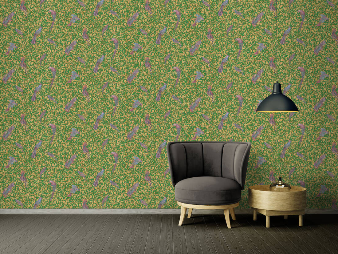 Floral Bird Scrollwork Textured Wallpaper in Green/Gold from the Versace IV Collection