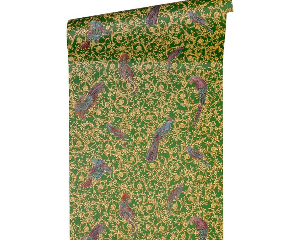 Floral Bird Scrollwork Textured Wallpaper in Green/Gold from the Versace IV Collection