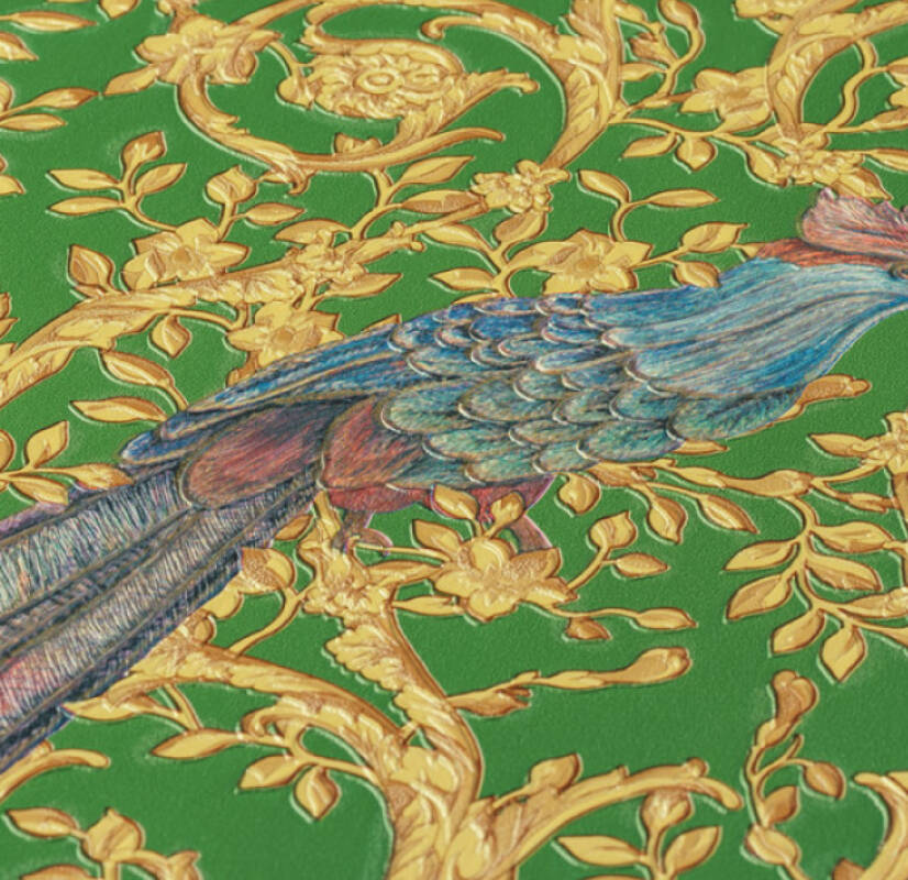 Floral Bird Scrollwork Textured Wallpaper in Green/Gold from the Versace IV Collection