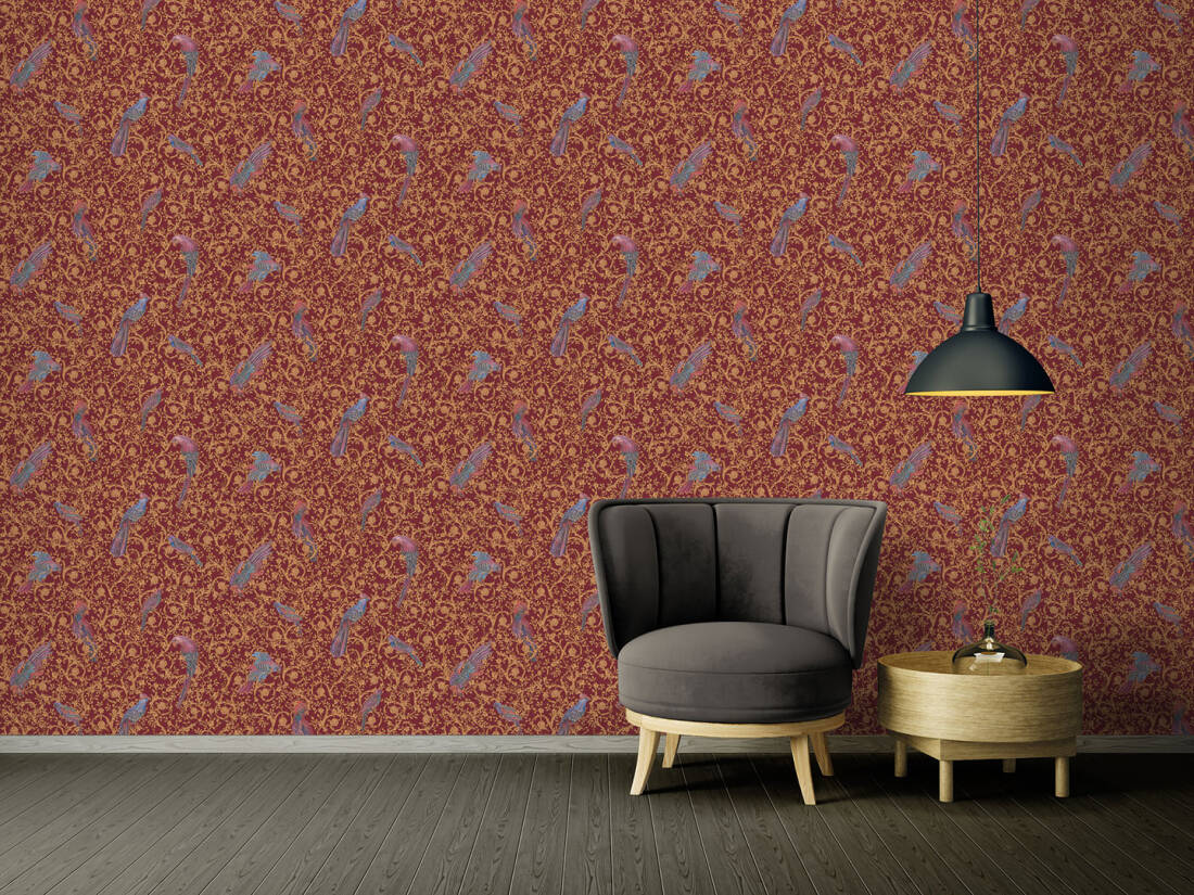Floral Bird Scrollwork Textured Wallpaper in Red/Gold from the Versace IV Collection