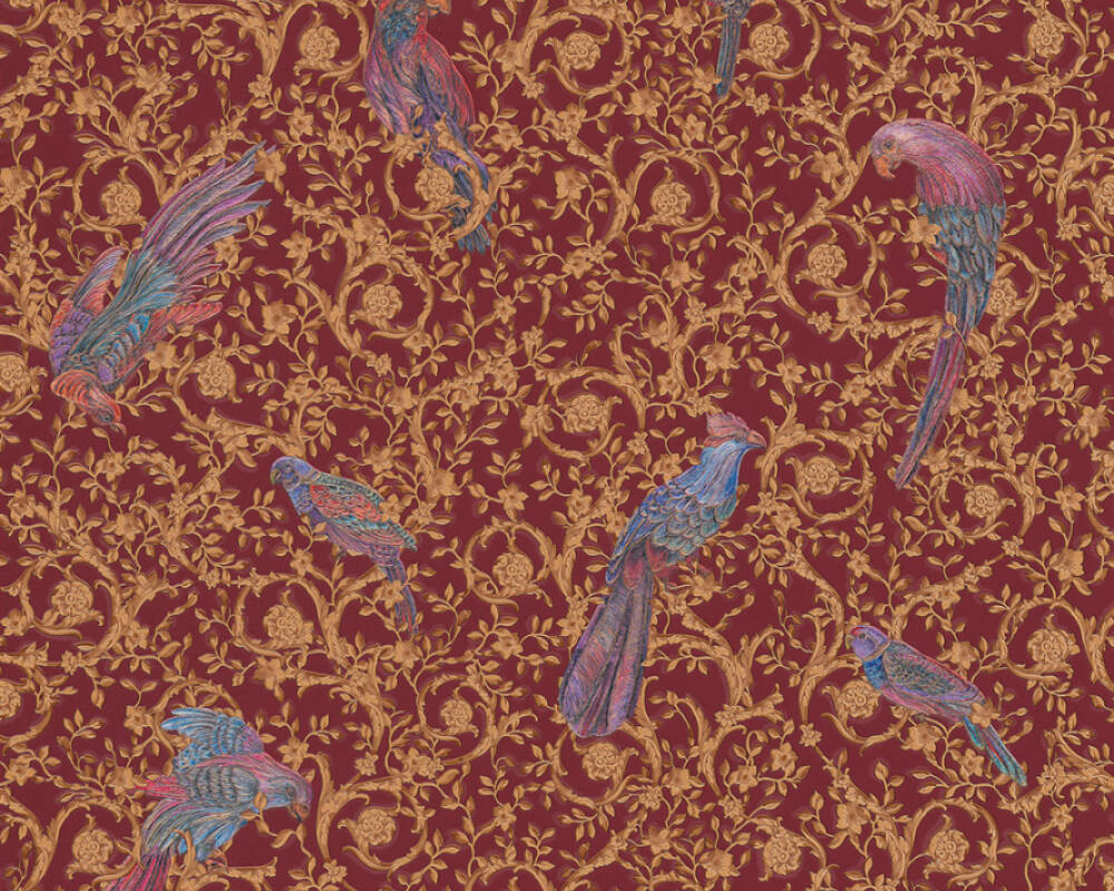 Floral Bird Scrollwork Textured Wallpaper in Red/Gold from the Versace IV Collection