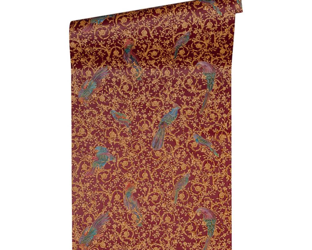 Floral Bird Scrollwork Textured Wallpaper in Red/Gold from the Versace IV Collection