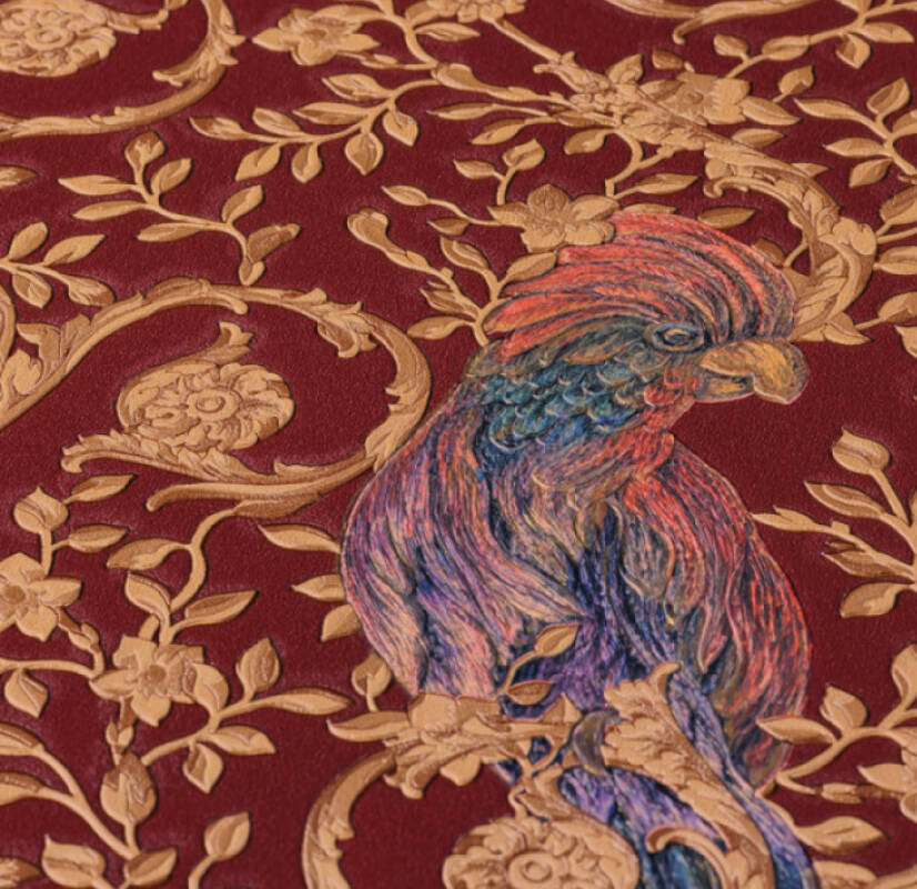 Floral Bird Scrollwork Textured Wallpaper in Red/Gold from the Versace IV Collection