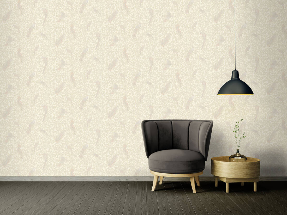 Floral Bird Scrollwork Textured Wallpaper in Beige/Cream from the Versace IV Collection