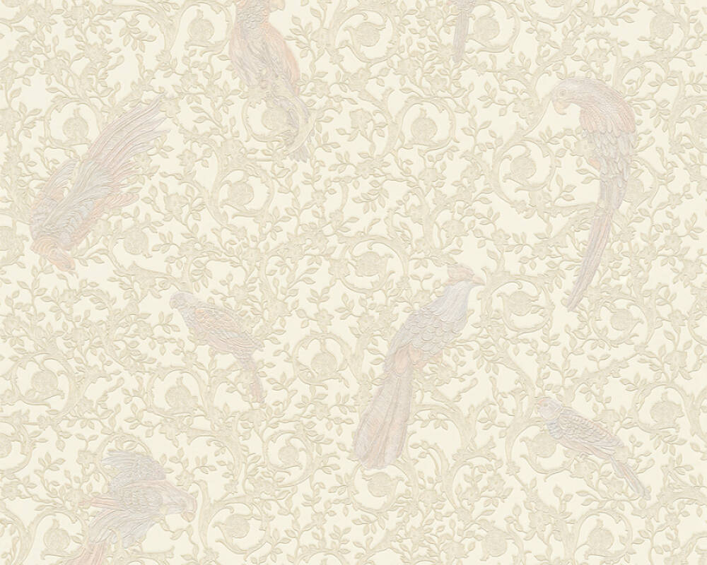 Floral Bird Scrollwork Textured Wallpaper in Beige/Cream from the Versace IV Collection