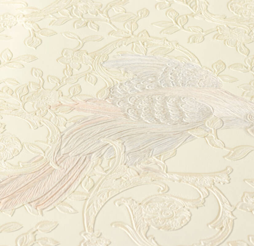 Floral Bird Scrollwork Textured Wallpaper in Beige/Cream from the Versace IV Collection