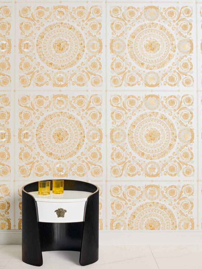 Classical Tile Baroque Textured Wallpaper in Gold/Cream from the Versace IV Collection