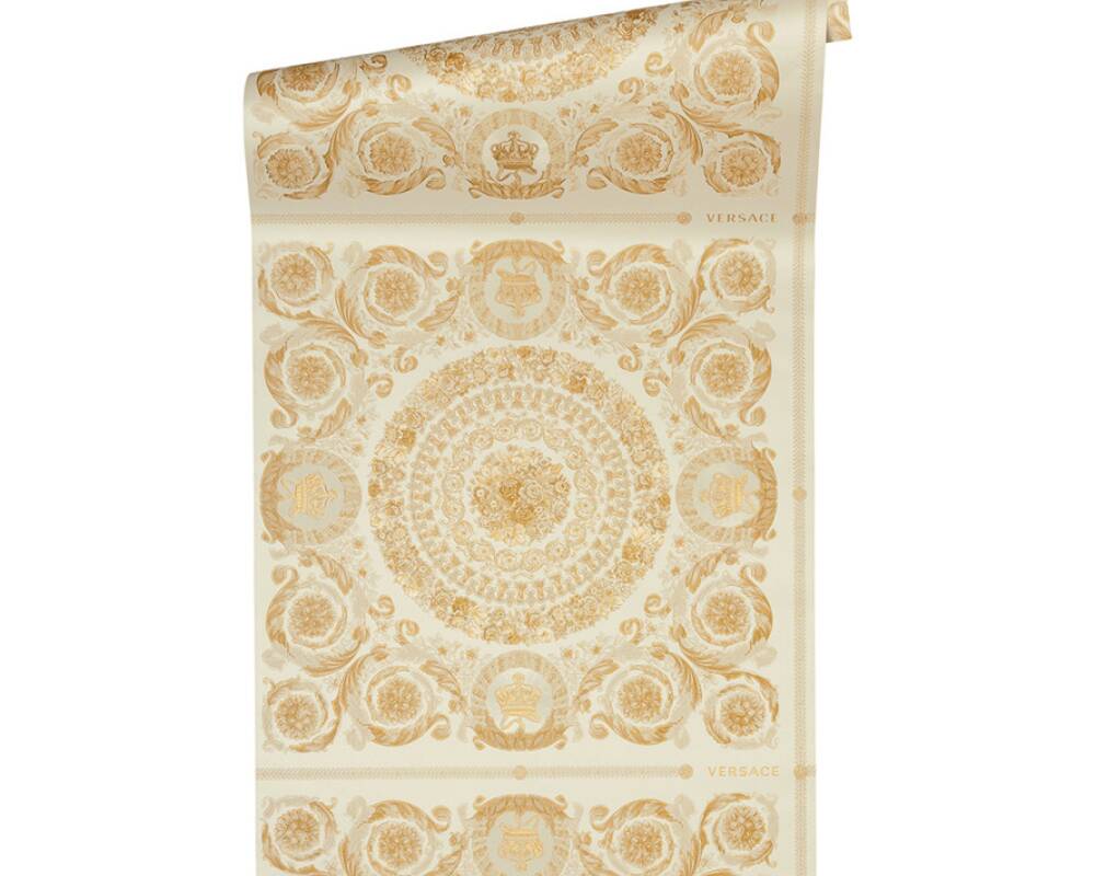 Classical Tile Baroque Textured Wallpaper in Gold/Cream from the Versace IV Collection