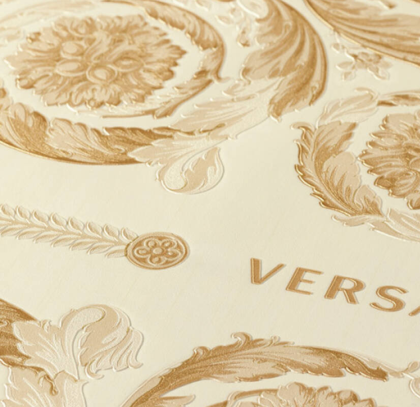Classical Tile Baroque Textured Wallpaper in Gold/Cream from the Versace IV Collection