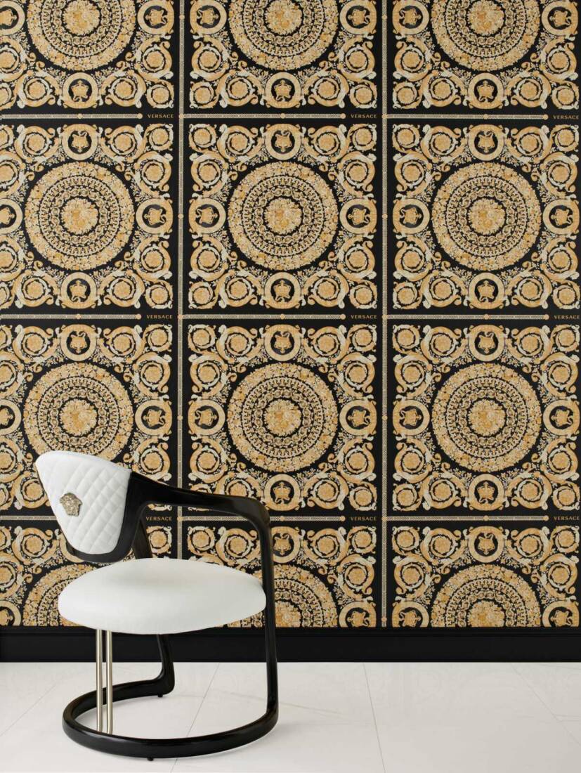 Classical Tile Baroque Textured Wallpaper in Black/Cream from the Versace IV Collection