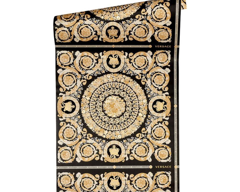 Classical Tile Baroque Textured Wallpaper in Black/Cream from the Versace IV Collection