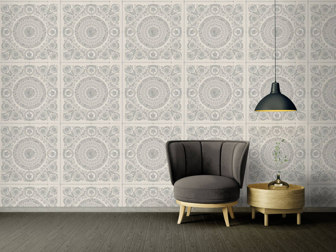 Classical Tile Baroque Textured Wallpaper in Grey/Silver from the Versace IV Collection