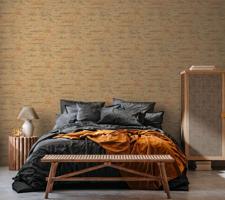 Distressed Stone Wallpaper in Orange/Blue