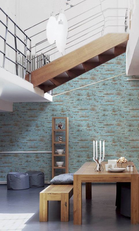 Distressed Stone Wallpaper in Blue/Brown