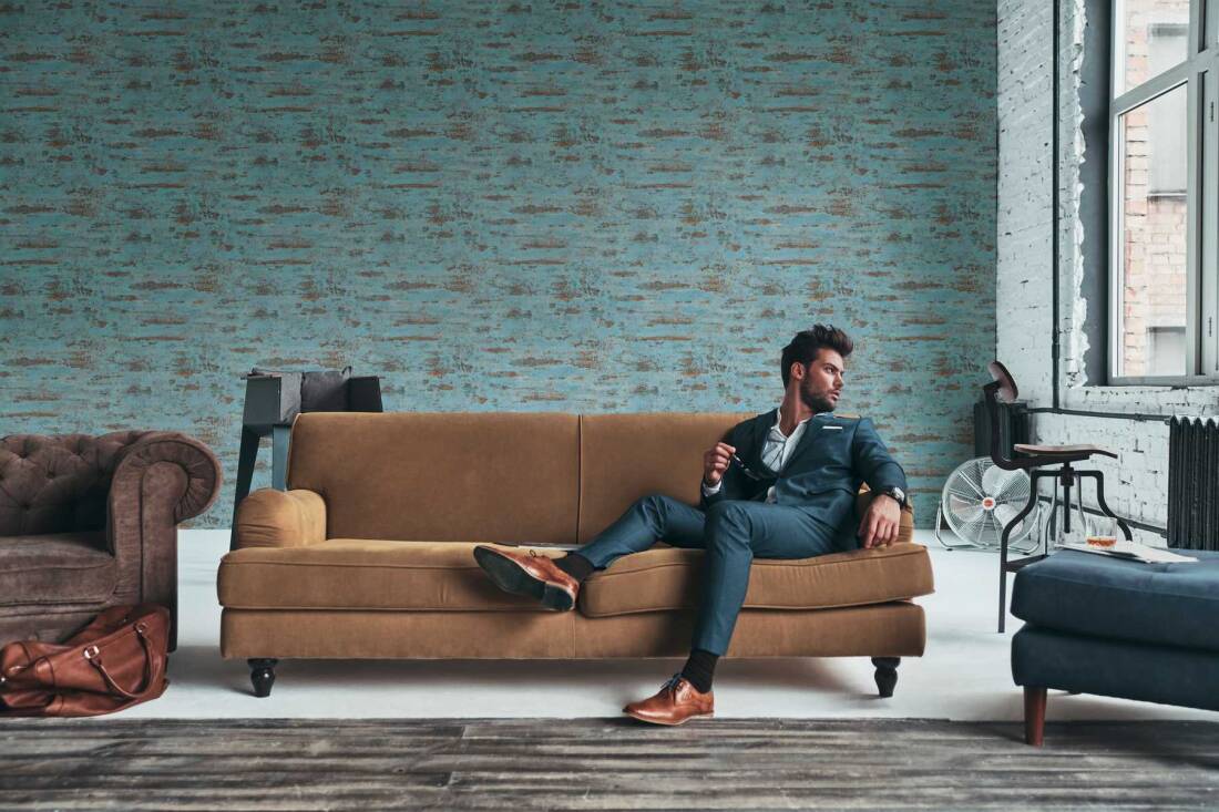 Distressed Stone Wallpaper in Blue/Brown