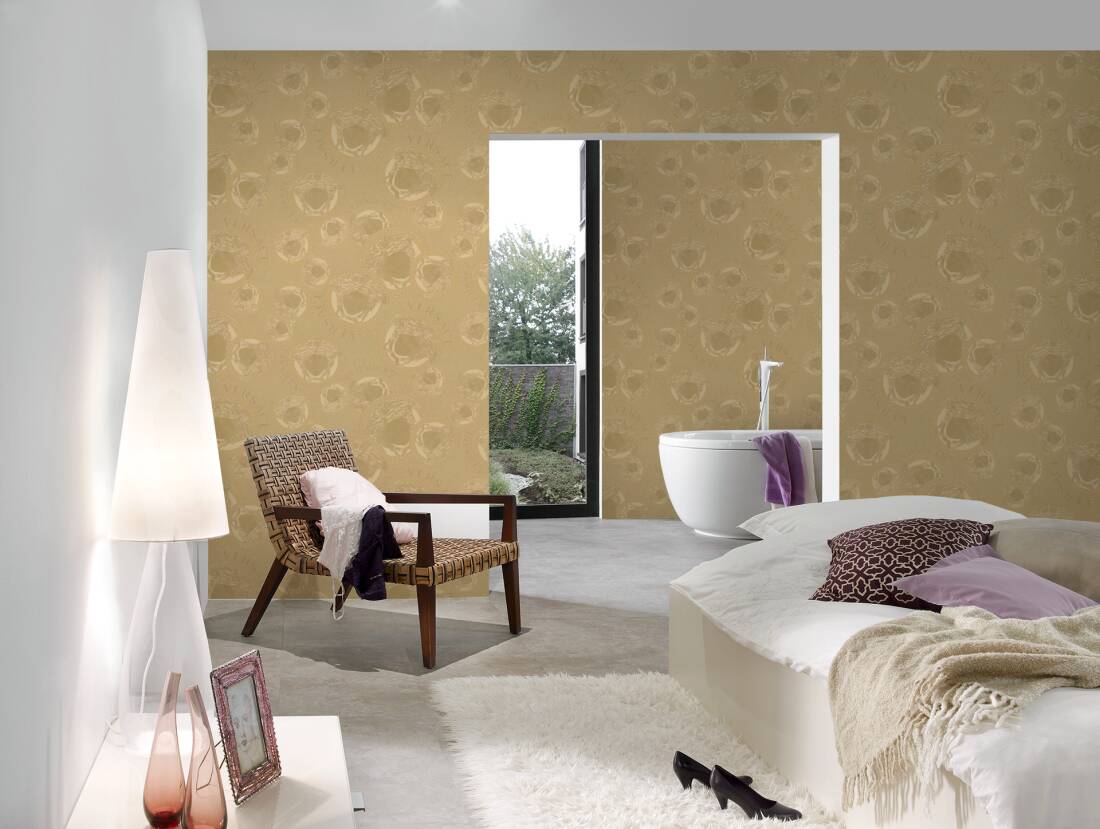 Medusa Head Silhouette Textured Wallpaper in Gold from the Versace V Collection