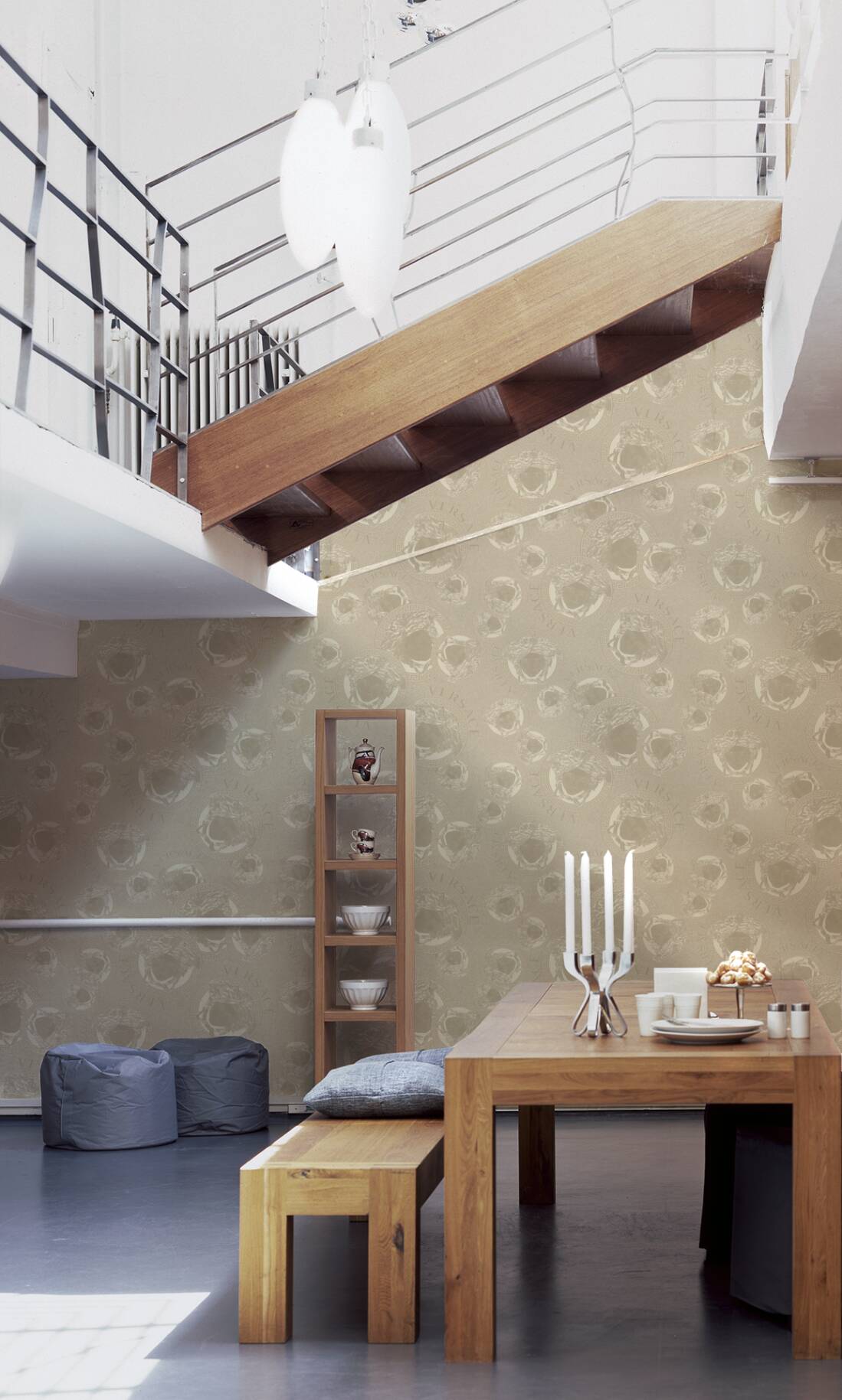 Medusa Head Silhouette Textured Wallpaper in Gold/Grey from the Versace V Collection