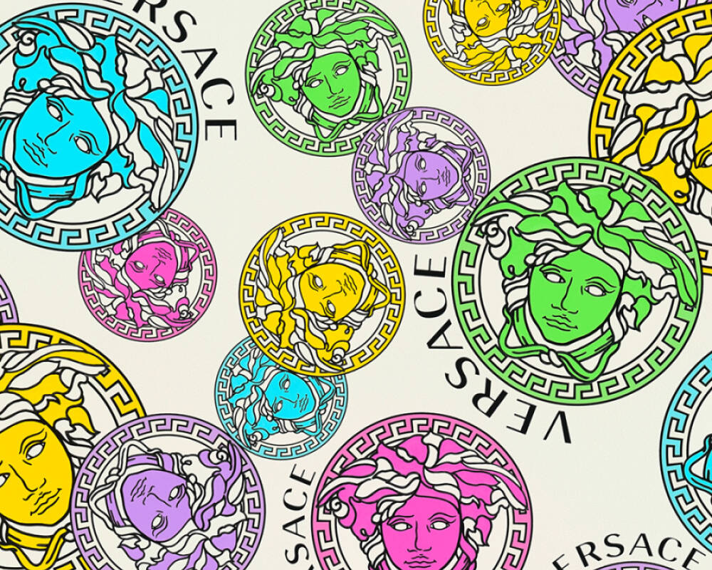 Medusa Head Textured Wallpaper in White/Multi by Versace Home
